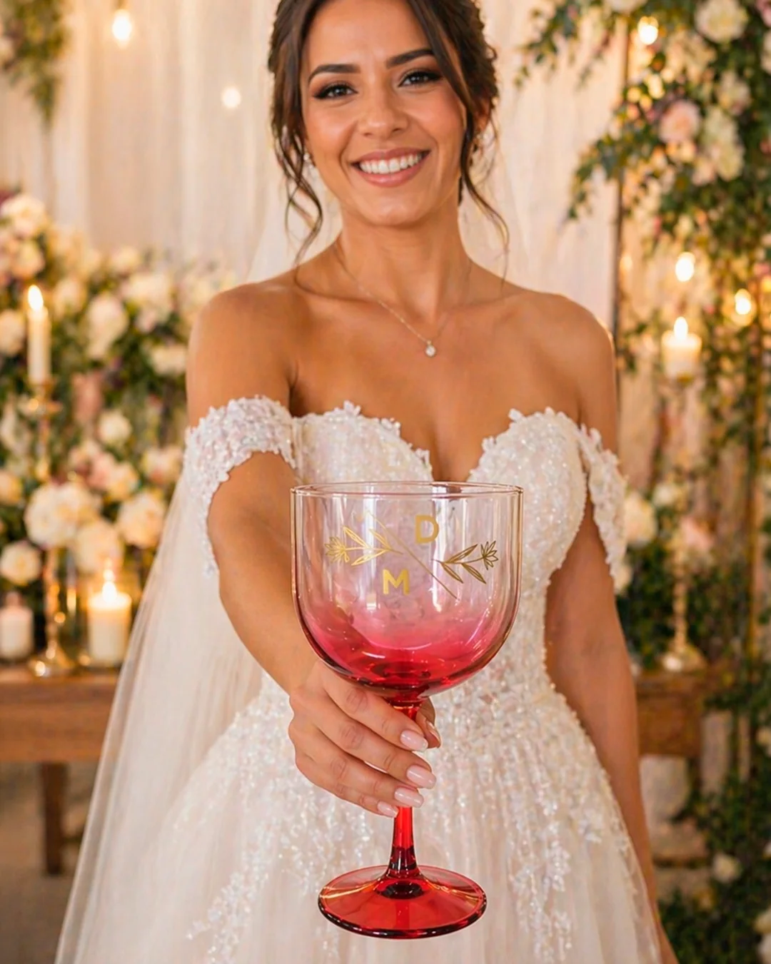 Noiva apresentando uma taça gin personalizada para casamento
